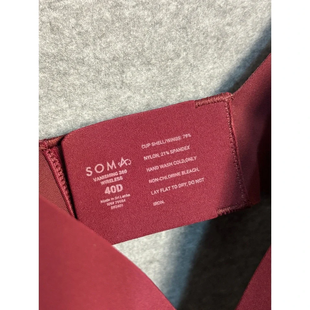 Soma Vanishing Back Bra 40D Burgundy‎ Wireless T Shirt Comfort Smooth Full Cup